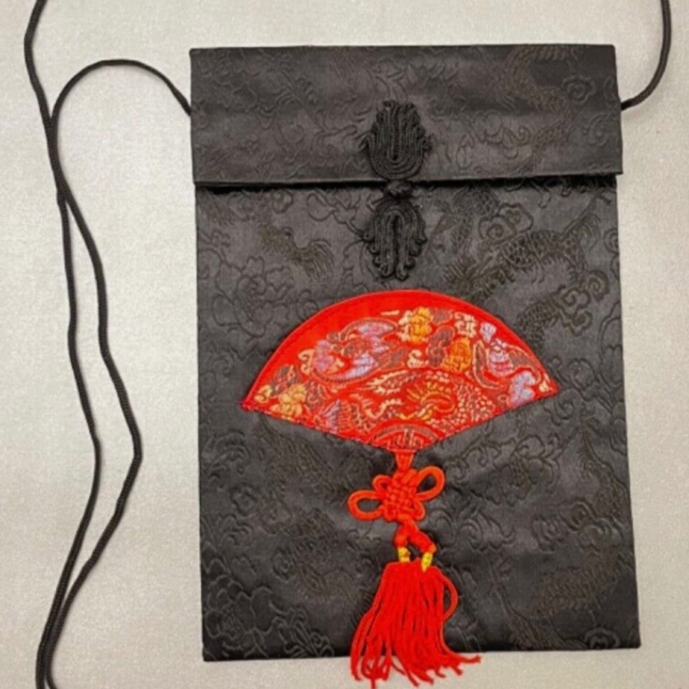 Oriental Silk Brocade Embroidered Purse Bag Shoulder Strap Black